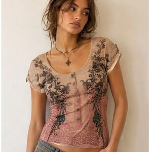Boho Fairycore Embroidered Floral Henley Top Romantic Cottagecore Y2K Size M